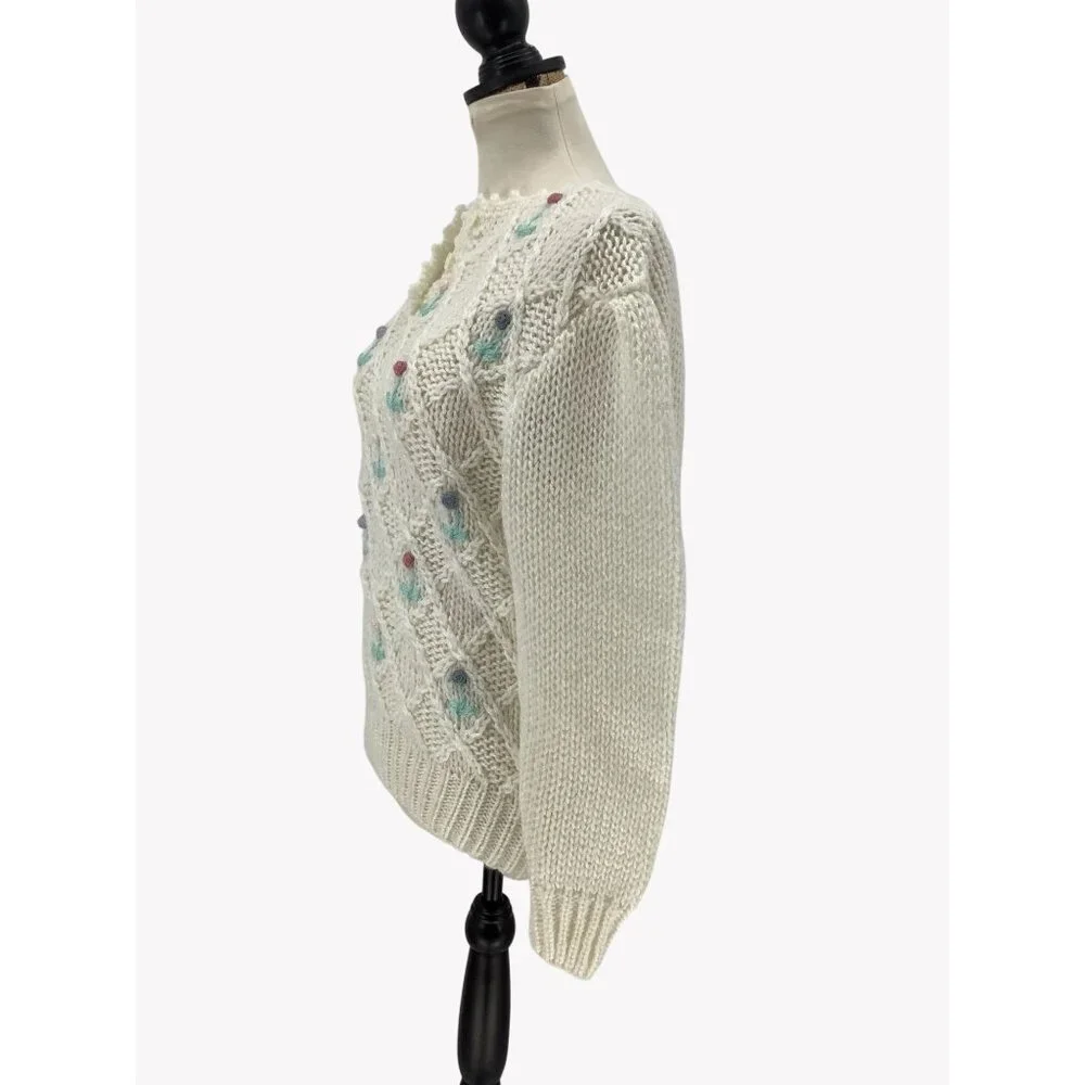 Lady Van Heusen Hand Knit Ivory Sweater M Floral Embroidery & Diamond Pattern - Picture 5 of 7